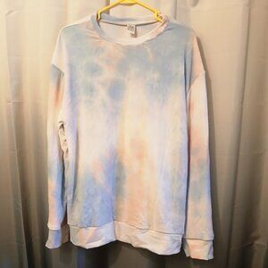 NEW Tie Dy Terry Sweatshirt Top L Blue Pink Lounge Super soft Stretch knit LS